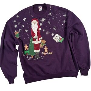 VTG Jerzees XL Purple Handmade Ugly Christmas Sweatshirt Applique Santa Bear 90s